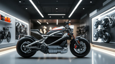 A stylish electric motorcycle is prominently displayed in a modern gallery, showcasing its sleek design and innovative technology in an artistic environment.の素材