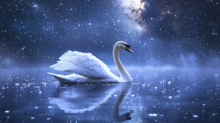 A majestic swan gracefully glides across a tranquil lake under a starry night sky. The shimmering water reflects the celestial beauty, creating an ethereal scene.の素材