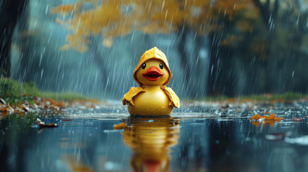 A cheerful yellow duck wearing a hood floats in a puddle during a rainy autumn day, capturing a playful and whimsical moment in nature.の素材