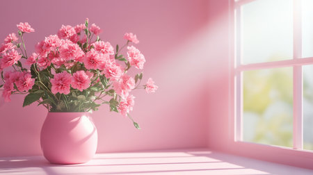 A beautiful arrangement of pink flowers in a soft vase, illuminated by warm sunlight streaming through a window, creating a serene and inviting atmosphere.の素材