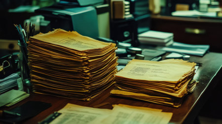 A close-up of stacked yellowed papers on a wooden desk, reflecting a busy office environment. This image showcases the documents commonly found in an administrative setting.の素材