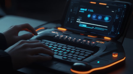 A modern workspace featuring a futuristic computer interface with a glowing keyboard and advanced displays, ideal for technology and innovation themes.の素材