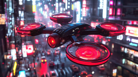A sleek drone equipped with red lights hovers over a bustling city at night, showcasing a vivid urban landscape filled with bright neon signs and busy streets.の素材