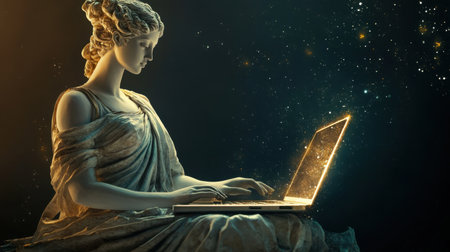 A classical statue of a woman using a glowing laptop in a dark cosmos. This artwork blends traditional elegance with modern technology, creating a surreal atmosphere.の素材