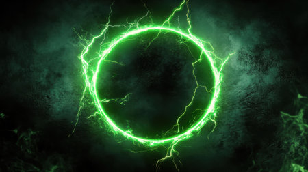 This dynamic image features a glowing green electric circle surrounded by lightning effects. Perfect for illustrating concepts of energy and power in digital art.の素材