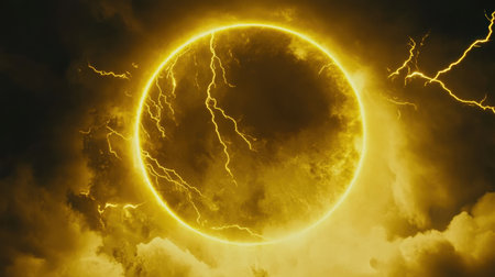 A striking solar eclipse is enhanced by vibrant lightning in a dramatic sky. This mystical scene captures the raw energy of nature, creating a breathtaking visual experience.の素材