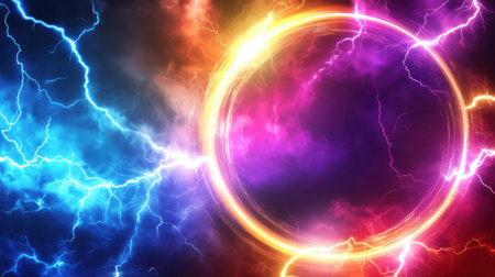 This stunning abstract image features a vibrant energy burst with colorful lightning effects. Perfect for themes of power, creativity, and excitement.の素材