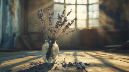 A serene vase of lavender bathed in soft sunlight creates a tranquil atmosphere in a rustic setting. Perfect for home decor and nature-themed projects.の素材