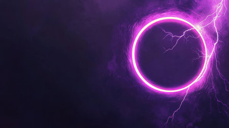 A striking neon circle emits a vibrant purple glow, surrounded by dynamic electric lightning against a dark background, creating a modern abstract visual experience.の素材