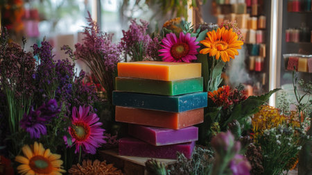 A vibrant display of colorful soap bars stacked amid fresh flowers. This inviting scene captures beauty and creativity, perfect for lifestyle and wellness themes.の素材