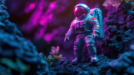 A striking astronaut figurine stands in a colorful alien landscape, illuminated by vibrant neon hues, capturing the essence of cosmic exploration and adventure.の素材