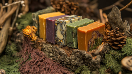 Vibrant handmade soap arranged on a rustic surface, showcasing natural ingredients and artistic designs. Perfect for wellness and beauty themes.の素材