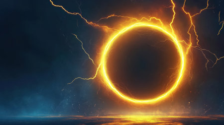 This stunning digital artwork features a glowing circle surrounded by electric energy and dark tones, creating a dramatic cosmic atmosphere. Perfect for conveying power and mystery.の素材