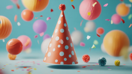 A vibrant party hat surrounded by colorful balloons and confetti, creating a joyful celebration atmosphere. Perfect for festive events and creative designs.の素材