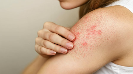 A close-up view of a woman's arm showing skin irritation and redness. This image highlights symptoms of dermatological conditions, ideal for health-related content.の素材