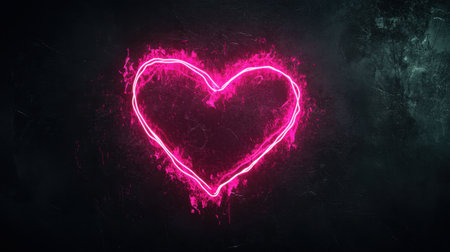 Vibrant neon heart glowing in pink, set against a dark background. Perfect for expressing love and passion in a modern, artistic style.の素材