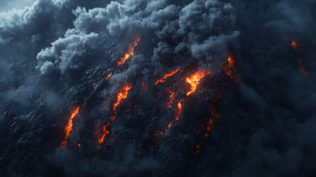 A breathtaking view of a volcanic eruption showcasing glowing lava streams amidst thick, dark smoke clouds. A powerful natural phenomenon.の素材
