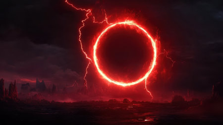 A dramatic scene featuring a fiery red portal surrounded by lightning, set against a dark and ominous landscape. Perfect for fantasy themes.の素材