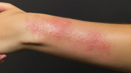 This image shows a close-up of a skin condition featuring red patches and inflammation on an arm. Ideal for topics on health and skincare.の素材