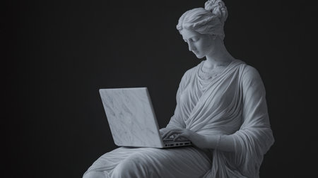 A striking marble statue depicts a classical figure using a laptop, blending timeless artistry with modern technology, symbolizing innovation and creativity.の素材