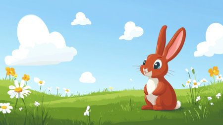 A cheerful cartoon rabbit sits in a vibrant meadow filled with flowers under a bright blue sky. Ideal for nature-themed illustrations and children's media.の素材