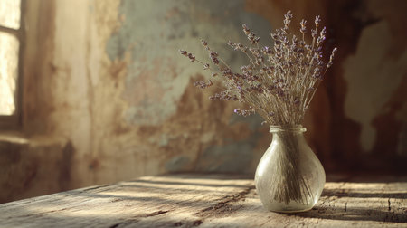 A rustic glass vase holds dried lavender on a wooden table, bathed in soft sunlight, creating a calm and inviting atmosphere perfect for home decor.の素材