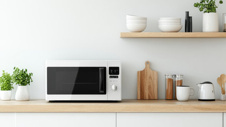 A sleek modern kitchen features a white microwave on a wooden counter, complemented by potted plants and stylish dishware. This space emphasizes minimalist design and functionality.の素材