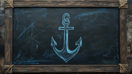 A hand-drawn anchor illustration on a rustic chalkboard backdrop. This unique design adds a nautical touch to any setting, ideal for decor or artistic projects.の素材