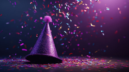 A vibrant purple party hat sits amid a shower of colorful confetti, creating a festive atmosphere perfect for celebrations and joyful gatherings.の素材