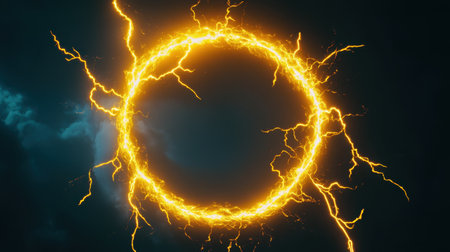 A stunning visual of an electric aura featuring bright lightning forming a circular shape. Perfect for concepts of energy, power, and dynamic abstract designs.の素材