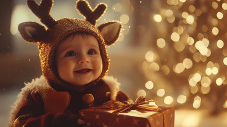 A joyful baby dressed in a festive reindeer costume holds a beautifully wrapped gift, surrounded by warm holiday lights and a cheerful atmosphere.の素材