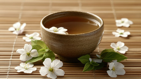 A serene setup featuring a bowl of warm tea surrounded by delicate flowers on a bamboo mat, creating a calming and tranquil atmosphere. Perfect for relaxation.の素材