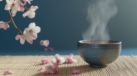 A tranquil scene featuring a steaming bowl of tea surrounded by delicate cherry blossom petals, creating a serene atmosphere perfect for relaxation and mindfulness.の素材