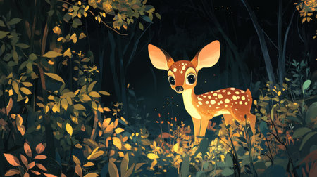 A charming illustration of a spotted fawn standing gracefully in an enchanting forest at night, illuminated by soft golden light among lush foliage.の素材