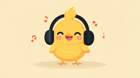 A cheerful yellow chick wearing headphones enjoys music, surrounded by vibrant musical notes. Perfect for fun and playful designs, expressing joy and creativity.の素材