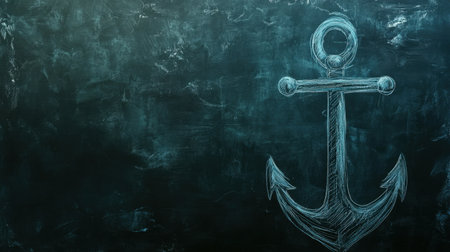 This image features a hand-drawn anchor sketch on a chalkboard background, ideal for nautical themes, marine education, or artistic projects.の素材