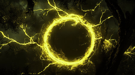 A mesmerizing electric energy circle with striking yellow lightning set against a dark, mysterious background. Perfect for creative and abstract designs.の素材