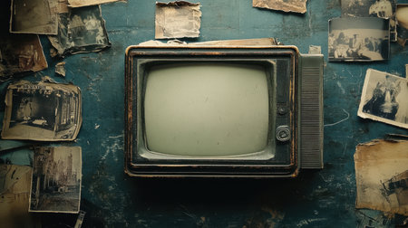 A vintage television set rests on a worn table, surrounded by old photographs, evoking nostalgia and a sense of history. Perfect for retro-themed projects.の素材