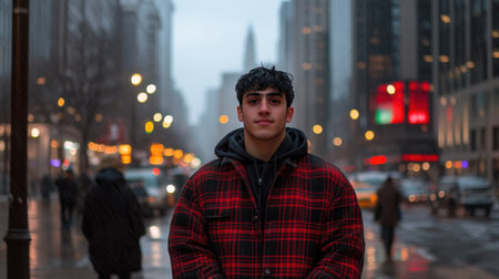 A young man stands confidently in a bustling city street during a foggy evening, showcasing a modern urban vibe amid soft glowing lights.の素材