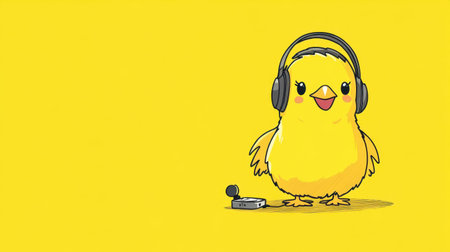 Adorable yellow chick wearing headphones, immersed in music. Bright illustration captures a playful and cheerful essence, perfect for creative projects.の素材