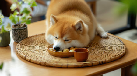 A tranquil scene featuring a sleepy dog enjoying a snack on a wooden table. The cozy atmosphere and gentle light create a heartwarming moment of pet companionship.の素材