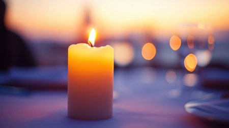 A serene candle emits a warm glow on a beautifully set table at dusk. The soft bokeh in the background enhances a romantic atmosphere perfect for dinner.の素材