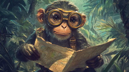 A whimsical illustration of a curious monkey wearing glasses, exploring the jungle with a map. This playful scene captures the spirit of adventure and discovery in a vibrant tropical setting.の素材