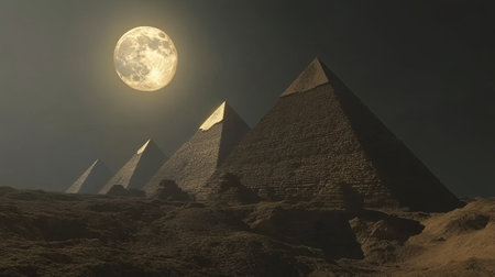 A stunning view of ancient pyramids illuminated by a full moon, showcasing the grandeur of Egyptの素材