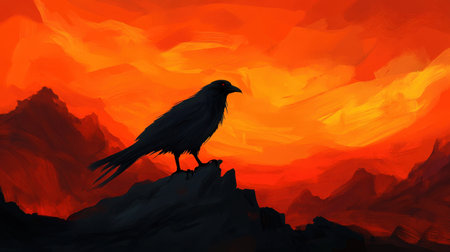 A stunning silhouette of a raven perched on a rock, set against a vibrant and dramatic sunset. The fiery colors create a captivating scene in nature.の素材
