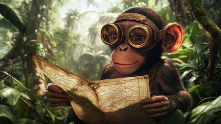 A charming young monkey wearing goggles examines a map in a vibrant jungle. This playful scene captures the spirit of adventure and exploration in nature.の素材