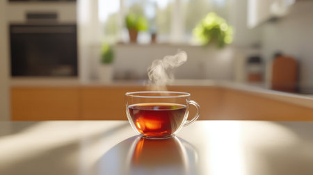 A serene cup of steaming tea placed on a kitchen countertop, bathed in natural sunlight. Perfect for evoking feelings of comfort, relaxation, and home.の素材