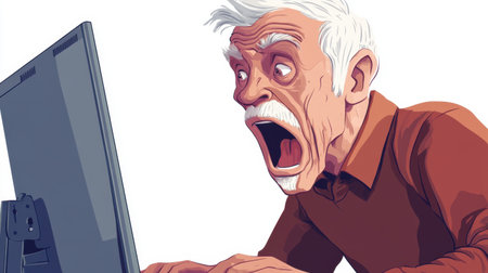 An animated elderly man expresses shock and disbelief while staring at a computer screen. This humorous illustration captures a relatable reaction to unexpected online content.の素材