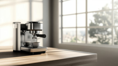 A sleek espresso machine sits on a wooden countertop, capturing a bright and airy kitchen atmosphere. Perfect for coffee lovers seeking elegance in their brewing space.の素材