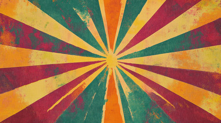 A vibrant retro sunburst pattern featuring bright colors and dynamic rays. Ideal for backgrounds, designs, or art projects, adding energy and warmth.の素材